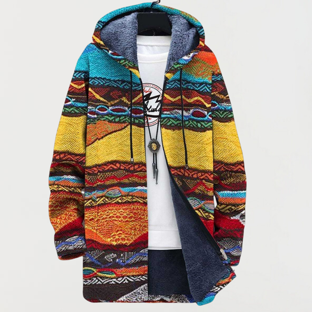 Multicolor tribal-print zip-up hoodie sweatshirt with hood and drawstrings