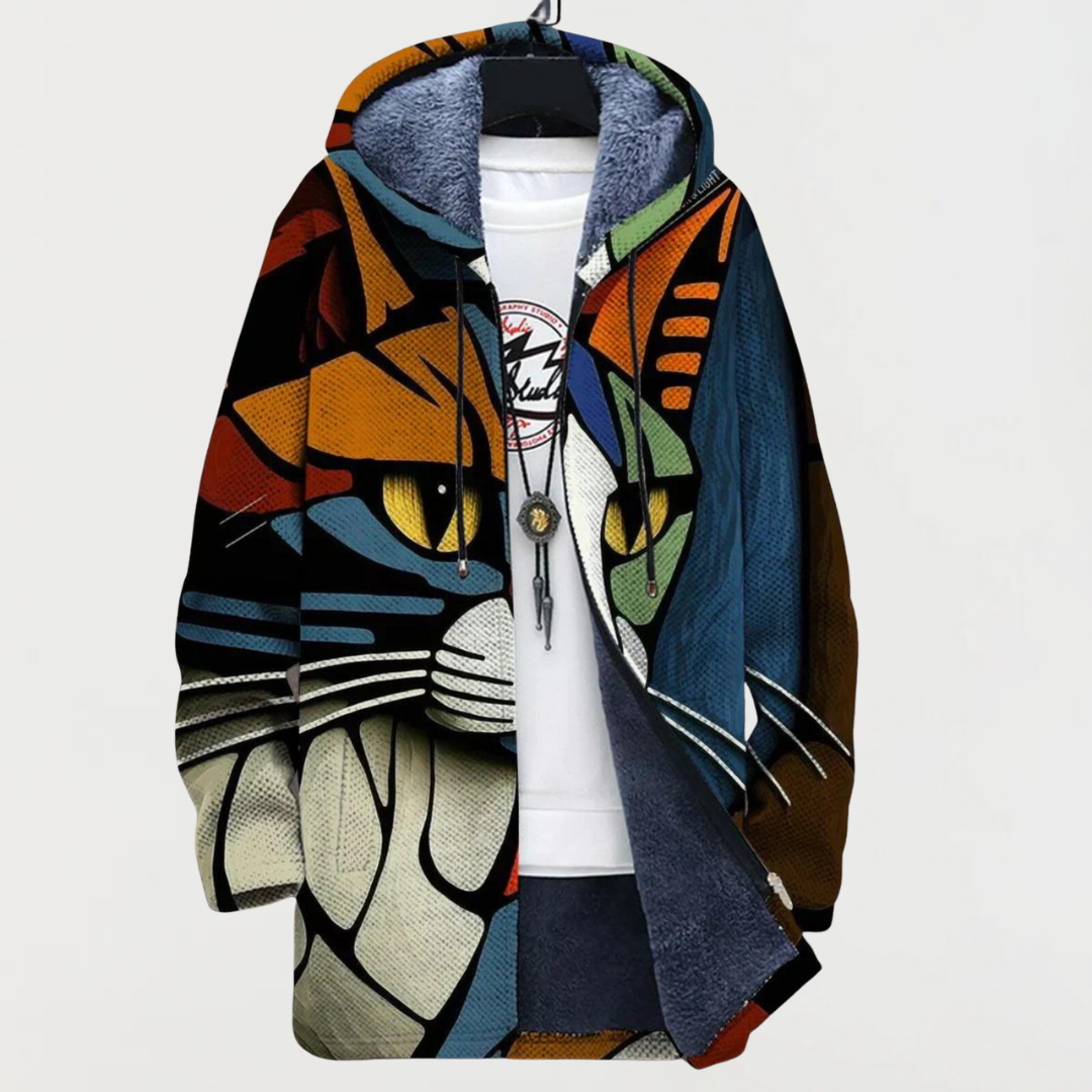 Multicolor cat-face patterned zip hoodie jacket with long sleeves and hood.