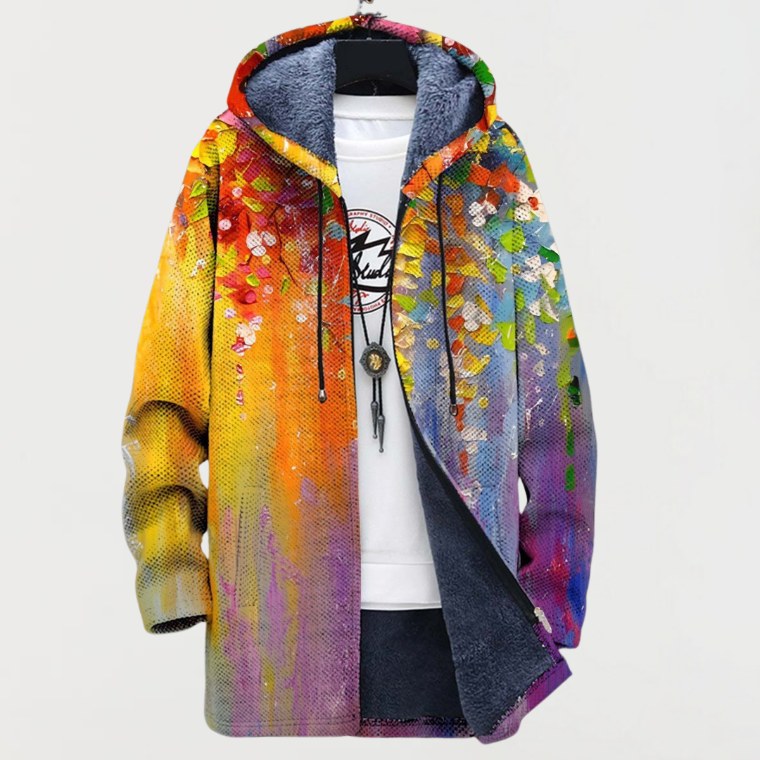 Multicolor abstract art hooded jacket with drawstring, front zipper and knit cuffs