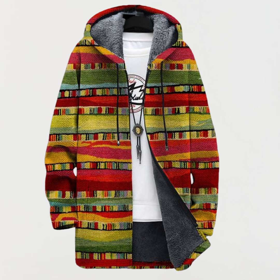 Zip-up hooded jacket with multicolor ethnic stripe pattern, drawstring and fleece lining