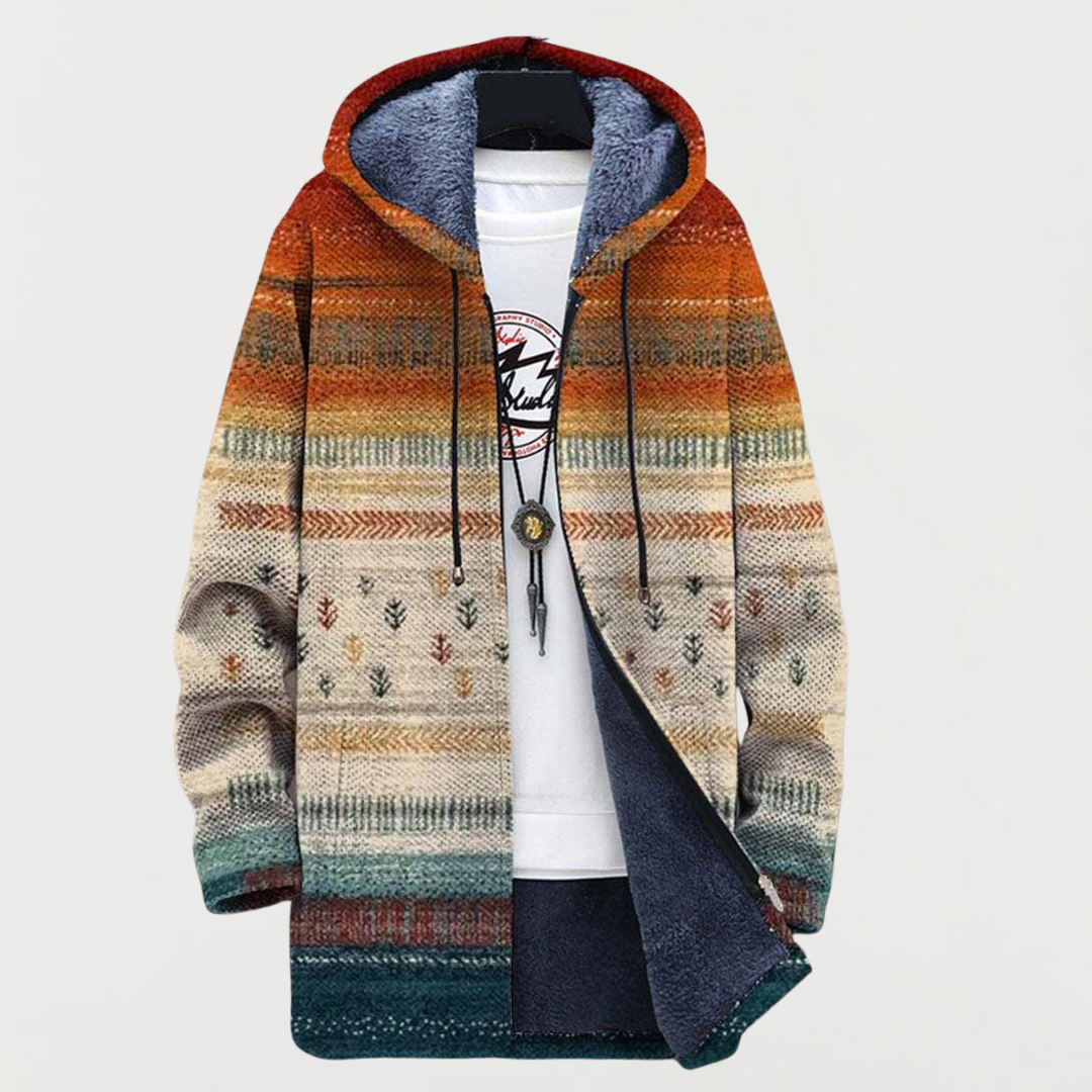 Multicolor hooded jacket with autumn striped pattern, drawstring, front kangaroo pocket