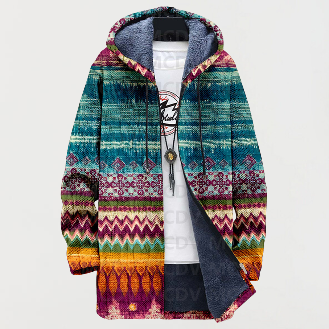 Multicolored ethnic-pattern hooded jacket with zip front and navy fleece lining