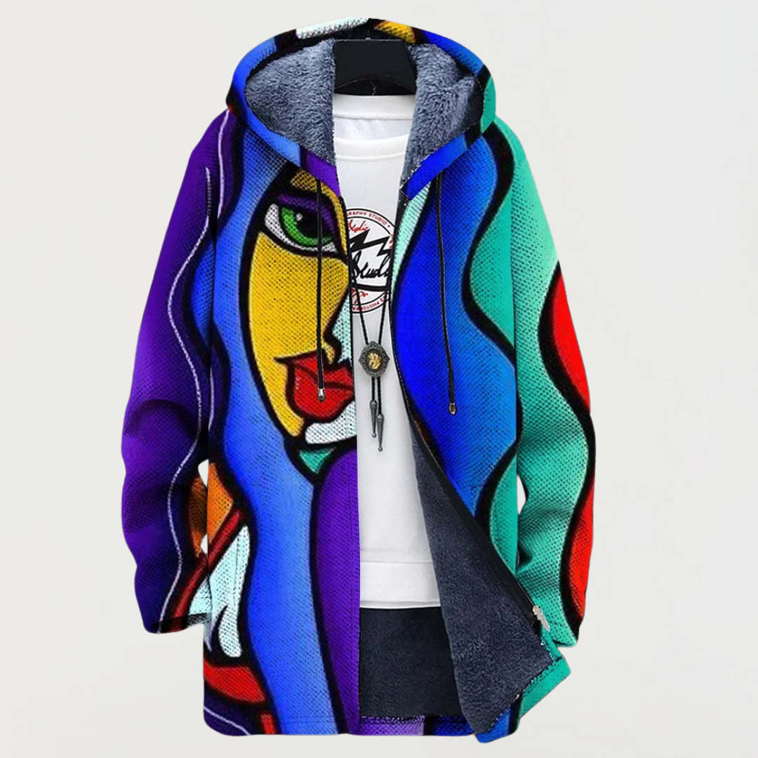 Colorful art-print full-zip hoodie jacket with hood and drawcord, side pockets