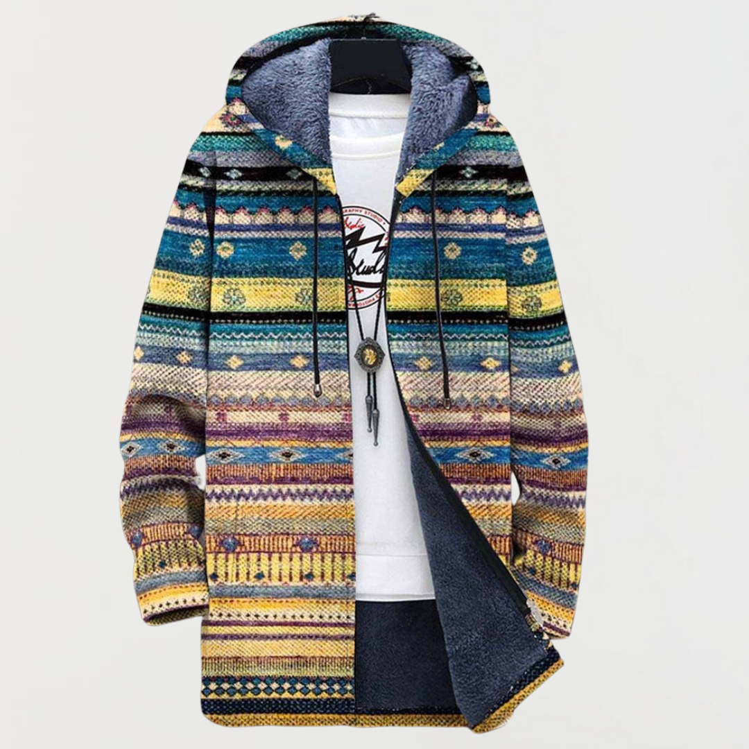 Tribal-pattern hooded jacket with full zip, multicolor curved lines and drawstrings