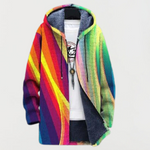 Multicolor rainbow striped hooded sweatshirt, zippered front with dark inner hood lining