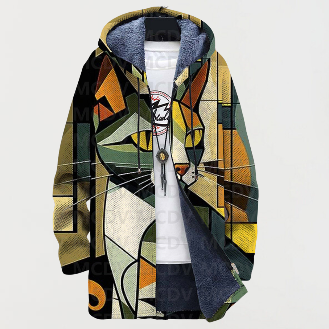 Multicolor geometric cat-pattern pullover hoodie with front pocket and drawstring