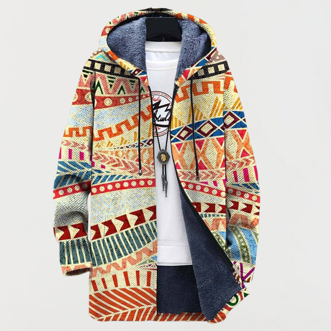 Ethnic fusion patterned hooded jacket with full zipper, multicolor geometric design