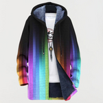 Hooded jacket with rainbow vertical stripe paneling and black zip front