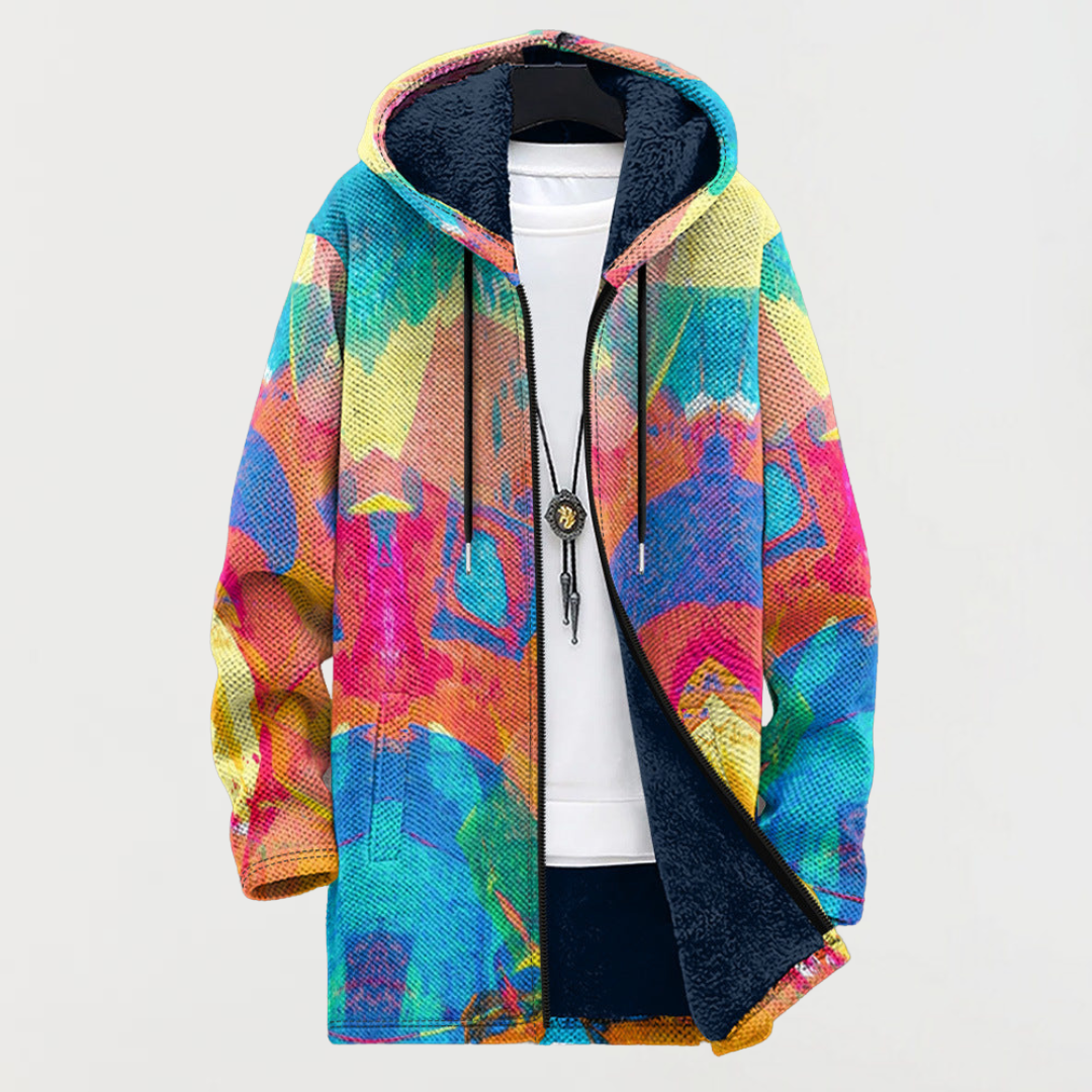 Multicolor abstract patterned zip-up hoodie sweatshirt with front hood and drawstring