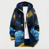 Multicolor starry sky hooded jacket with front zipper, dark blue lining and trim