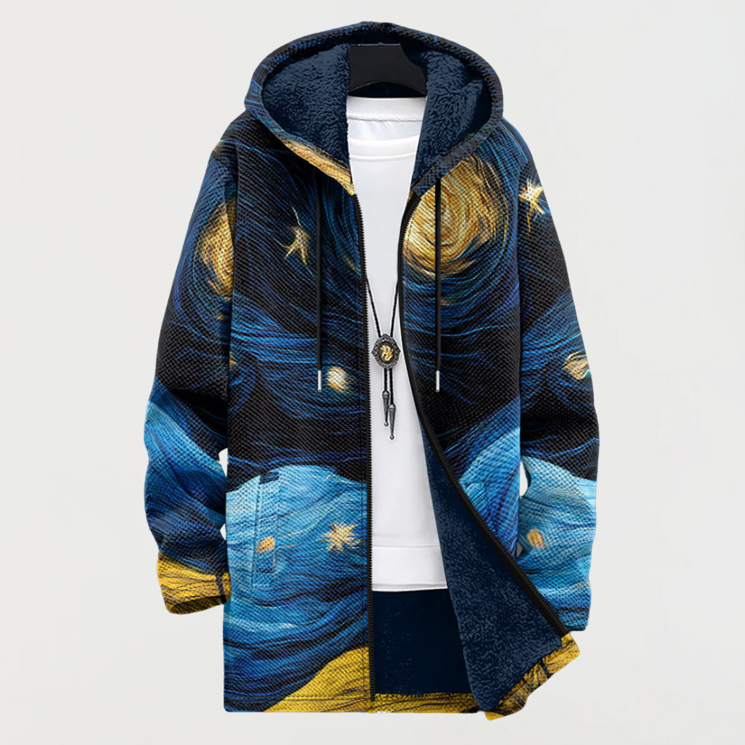Starry sky pattern hooded zip jacket in dark blue with blue and gold accents