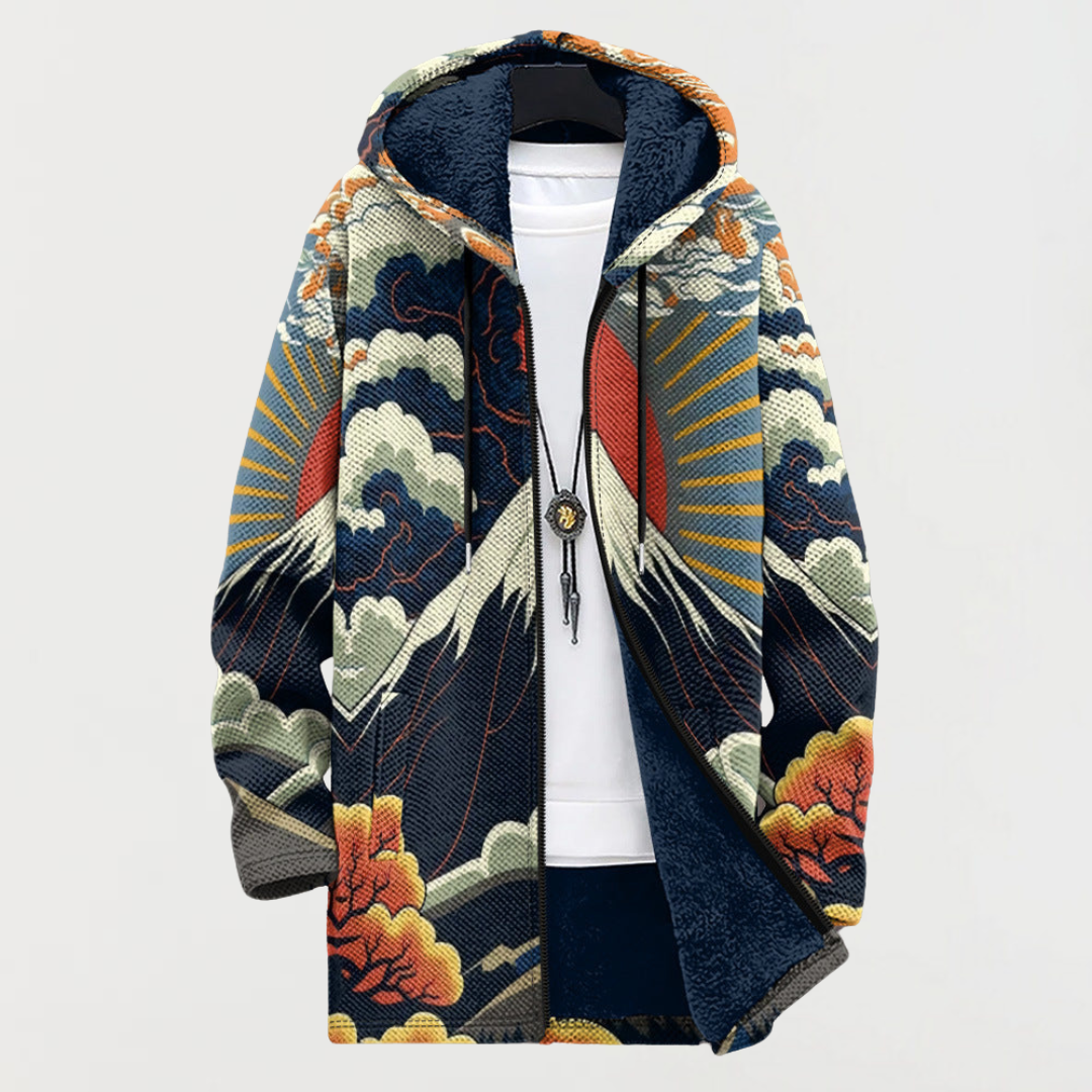 Multicolor graphic zip-up hoodie sweatshirt with hood and drawstring