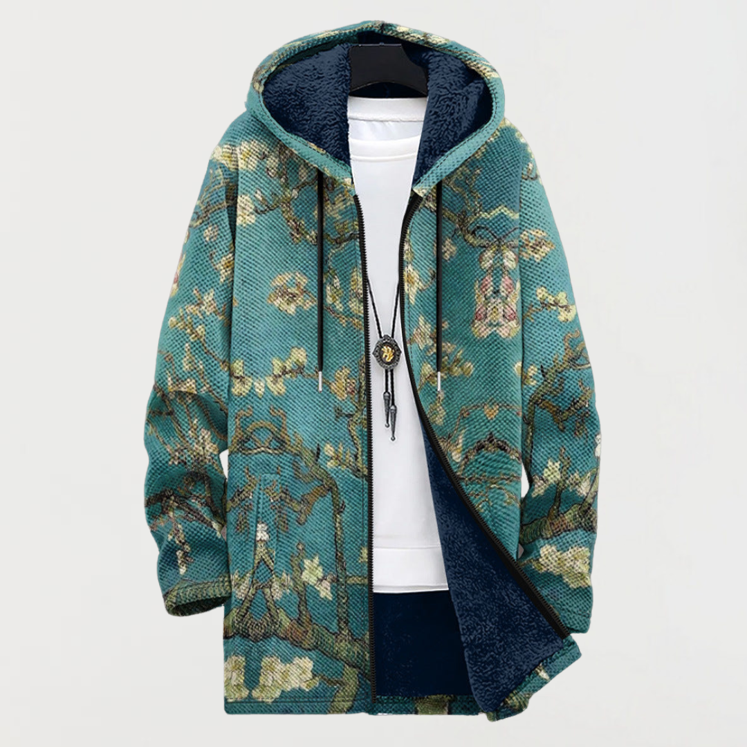 Green floral hooded jacket with front zipper and contrast dark lining