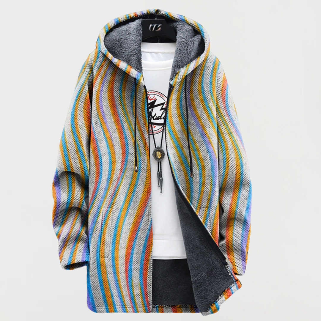 Wave-striped hooded jacket with multicolor vertical stripes, black fleece-lined hood.