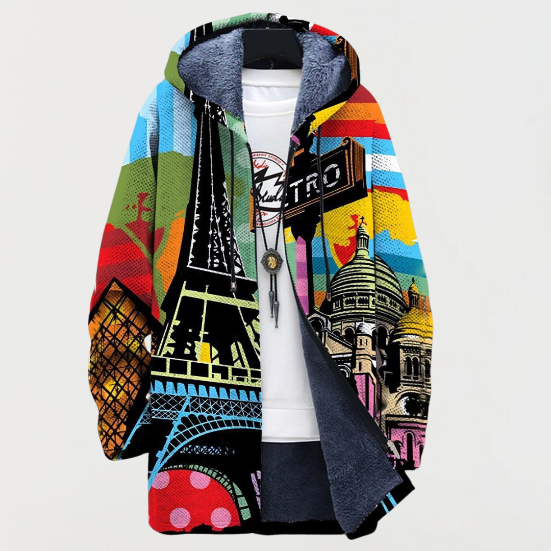 Urban patterned pullover hoodie, multicolor graphic print with drawstring hood