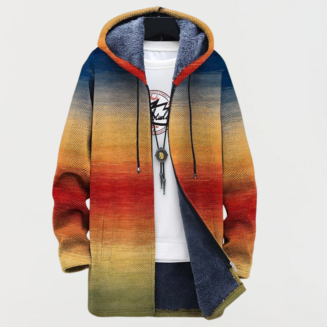 Multicolor gradient zip-up hoodie jacket with faux-fur lined hood and drawcords
