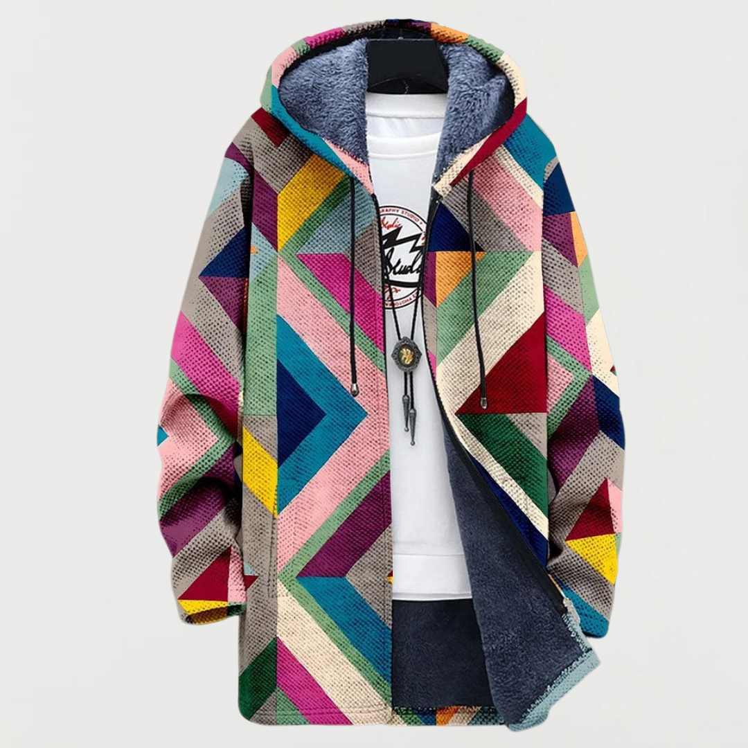 Zara™ geometric art hoodie with multicolor geometric print, zip front, drawstring hood