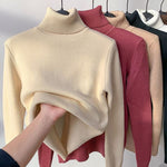 Cream fleece-lined turtleneck sweater with ribbed high neckline