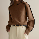 Brown turtleneck sweater with ribbed knit collar and long sleeves