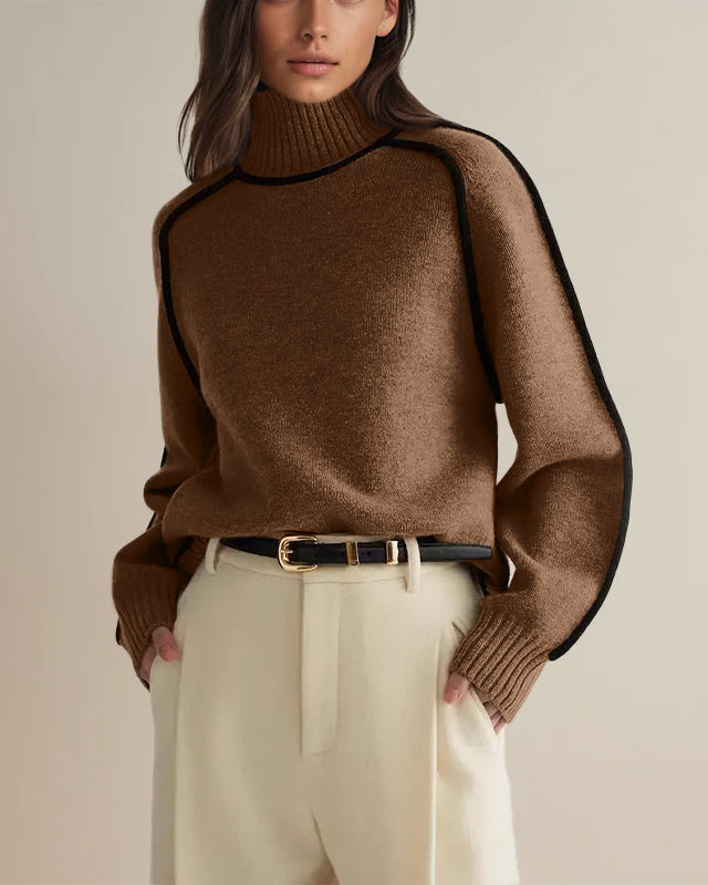 Brown turtleneck sweater with ribbed knit collar and long sleeves