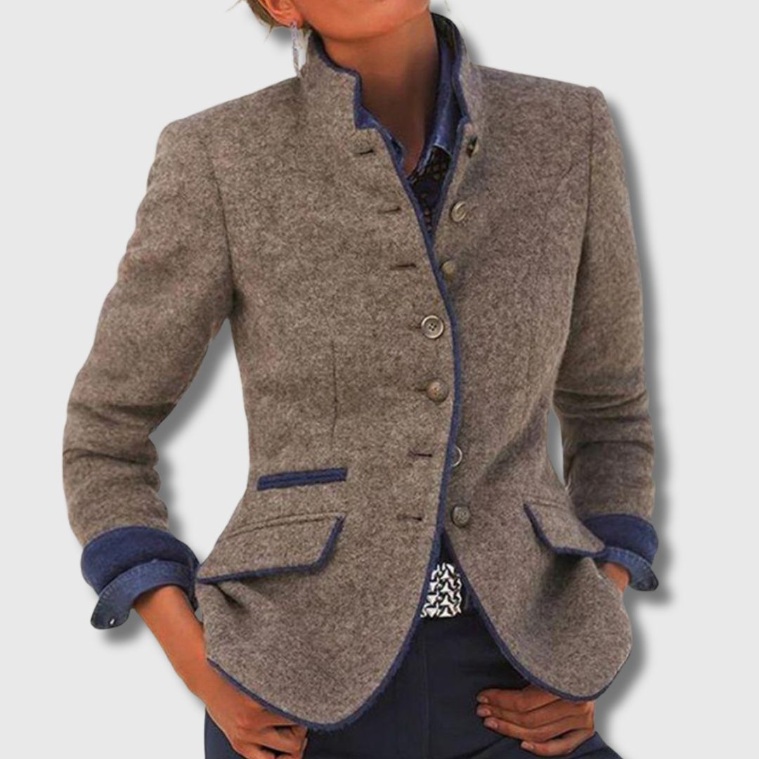 Womens wool blazer jacket in brown with 4-button front, flap pockets, contrast trim