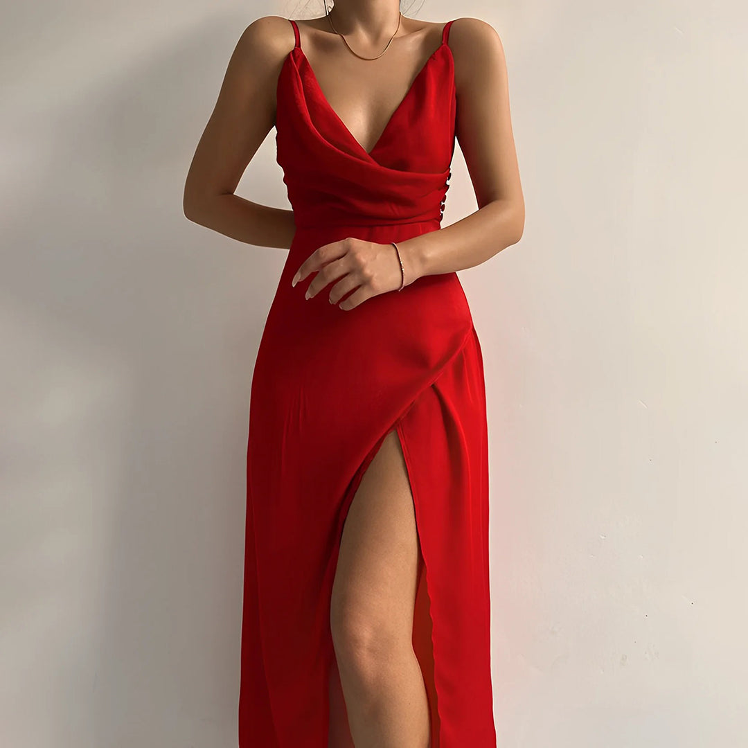Athena™ red slip dress with spaghetti straps, deep V-neck, and side slit