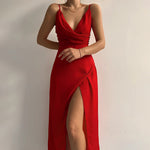 Athena™ red slip dress with spaghetti straps, deep V-neck, and side slit