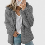 Gray plush sherpa hooded jacket, long sleeves, open front