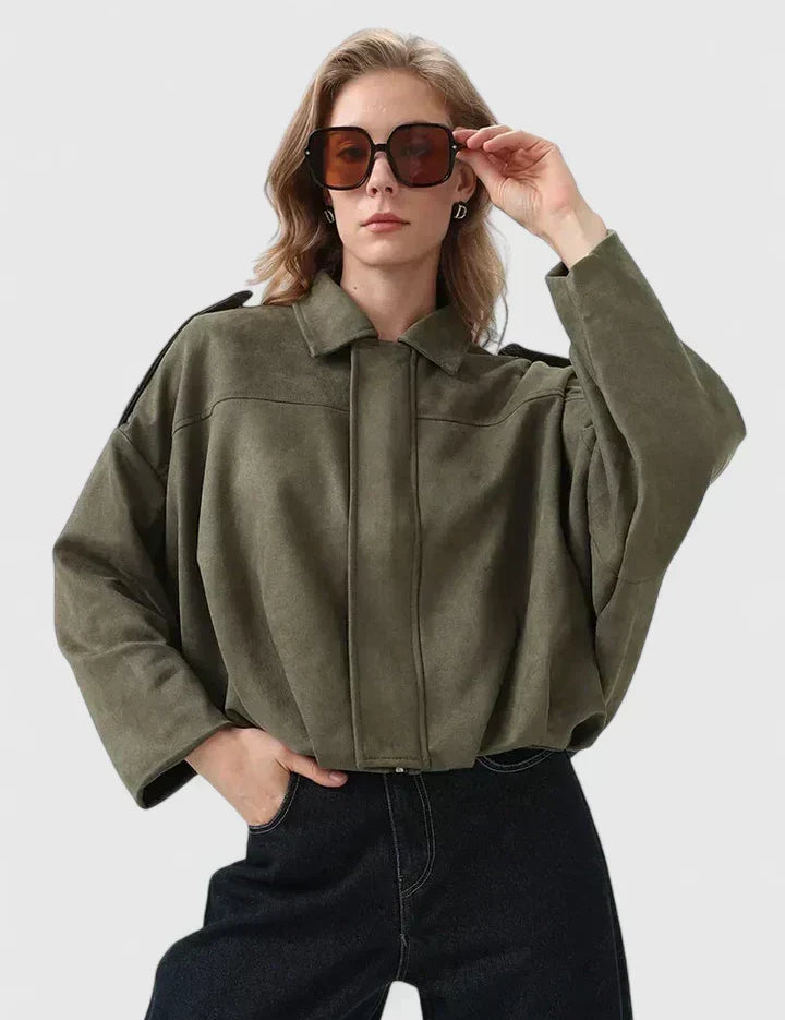 Chrystiah comfortable jacket in dark olive green, button-front, collared, long sleeves