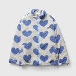 Cream fleece jacket with blue heart print, full-zip hoodie, blue zipper
