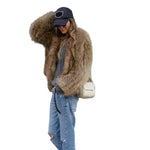 Cropped brown faux-fur jacket with long sleeves and open front