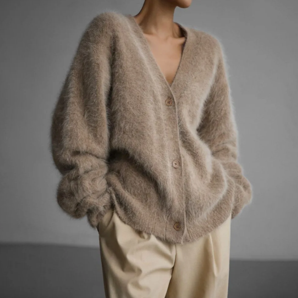 Brown fuzzy knit cardigan sweater with V-neck and button front, long sleeves