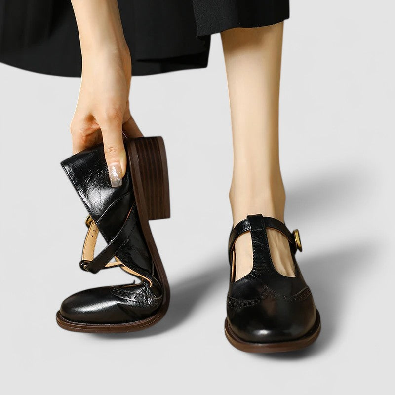 Black orthopedic Mary Jane shoes with side buckle and block heel