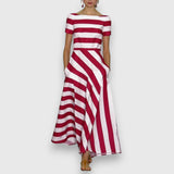Striped maxi dress with short sleeves, boat neckline, draped waist panel in red/white