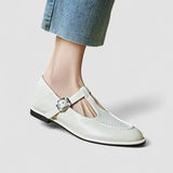 Beige Mary Jane shoes with low heel, front strap and metal buckle