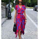 Comfy maxi dress, pink/blue-red floral, V-neck, tie waist, front slit