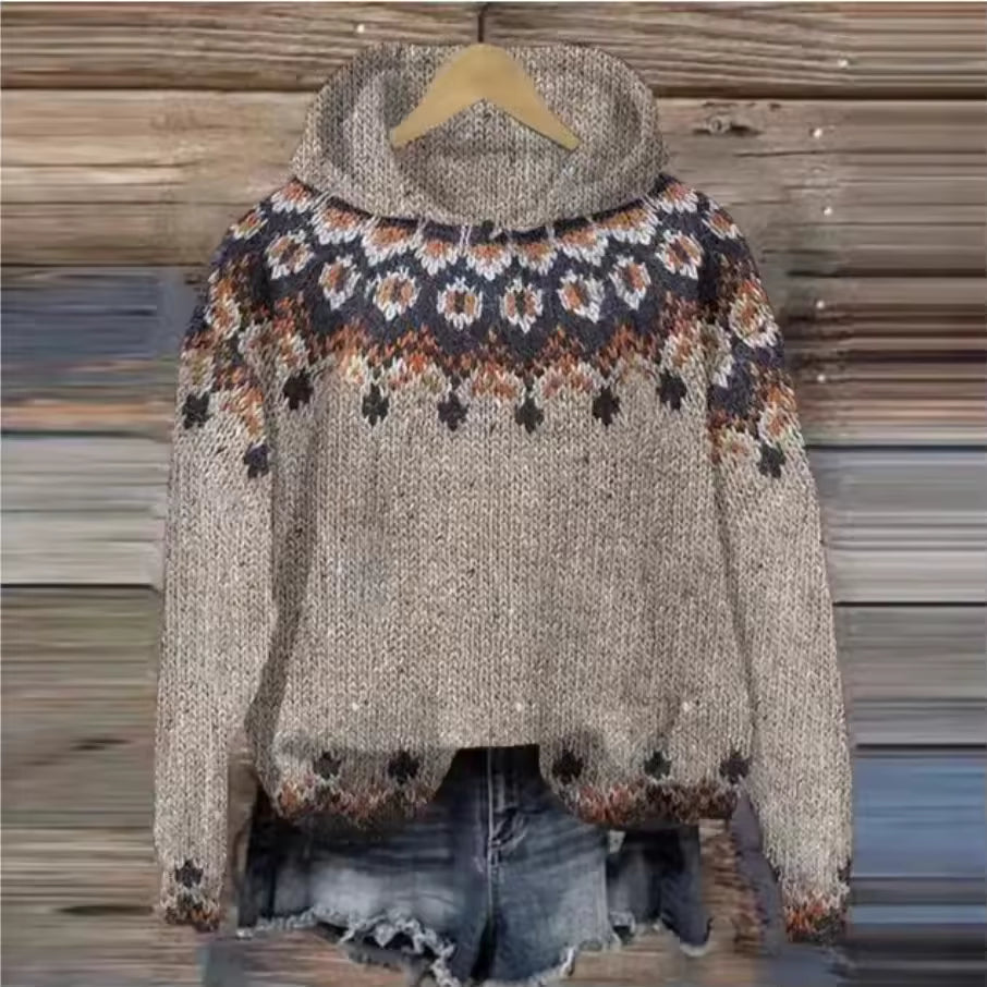 Heather gray knit hoodie with Fair Isle yoke pattern and kangaroo front pocket