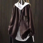 Der Ansley cozy cardigan, dark brown textured knit, button front, cowl hood, patch chest pocket
