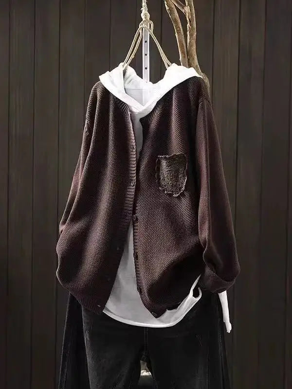 Der Ansley cozy cardigan, dark brown textured knit, button front, cowl hood, patch chest pocket