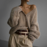 Brown fuzzy cardigan with V-neck, button front, and long loose sleeves