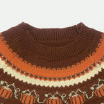 Marion vintage Icelandic sweater neckline and chest, dark brown with Fair Isle stripes