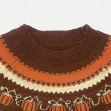 Marion vintage Icelandic sweater neckline and chest, dark brown with Fair Isle stripes