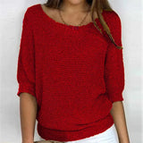 Eunice™ knit top in red; relaxed fit, boat neckline, elbow-length sleeves, ribbed cuffs.