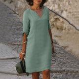 Luigia summer dress with belly covering, mint V-neck, 3/4 sleeves, knee length