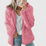Pink plush sherpa hooded jacket, long sleeves, open front