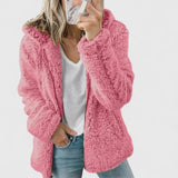 Pink plush sherpa hooded jacket, long sleeves, open front