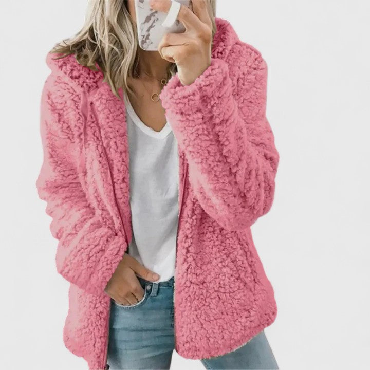 Pink plush sherpa hooded jacket, long sleeves, open front