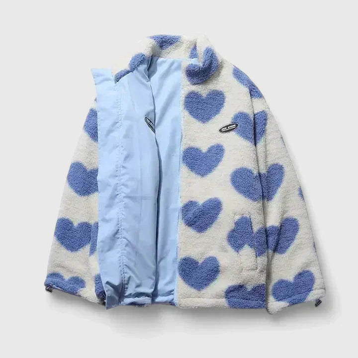 Light blue fleece hoodie jacket with blue heart print, full-zip, contrasting lining