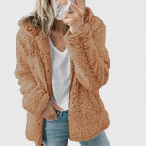 Camel brown plush sherpa hooded jacket, long sleeves, open front