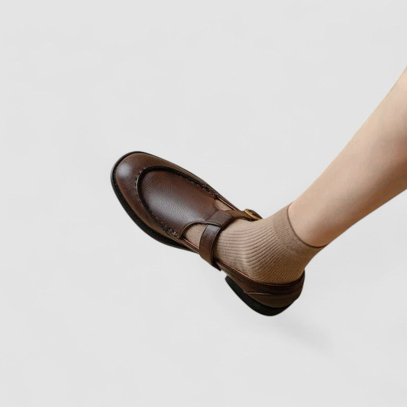 Orthopedic Mary Jane shoes with square toe, brown leather-look, buckle Mary Jane strap
